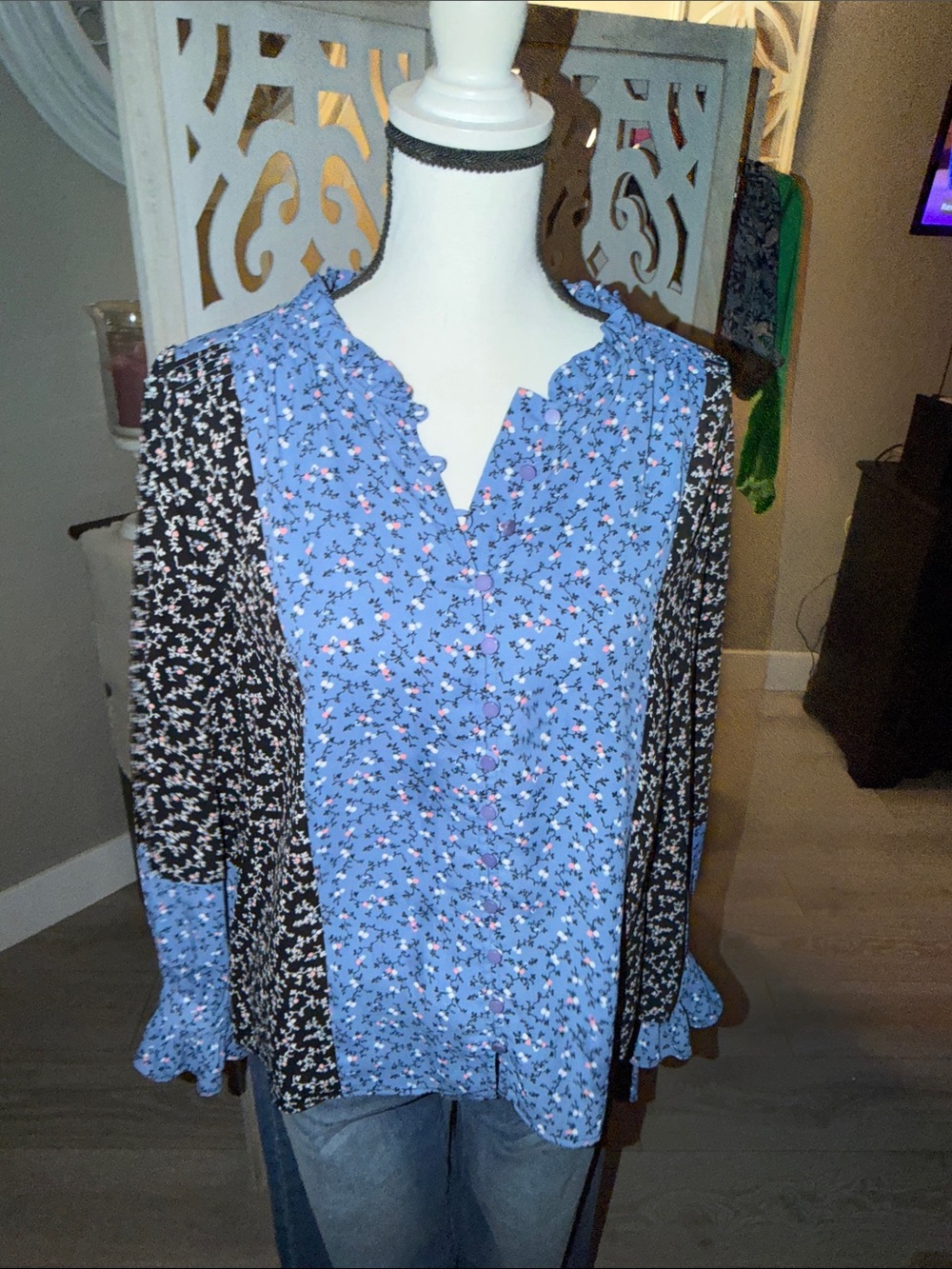 CeCe Blue and Black Floral Split-Panel Blouse